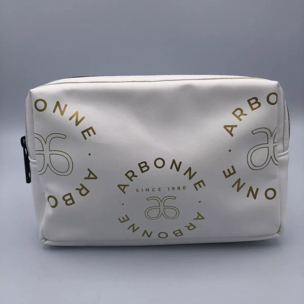 Arbonne Cosmetic Bag Womens White Gold Logo Zipper Polyester